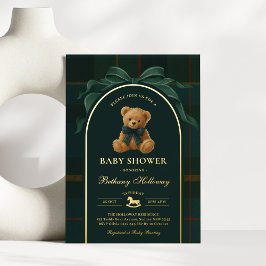 Polo Teddy Bear Tartan Flanel Jongens Baby Shower Folie Uitnodiging