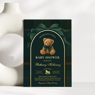 Polo Teddy Bear Tartan Flanel Jongens Baby Shower Folie Uitnodiging