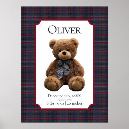 Polo Teddy Bear Tartan Plaid Baby Name Birth Stats Poster (Voorkant)