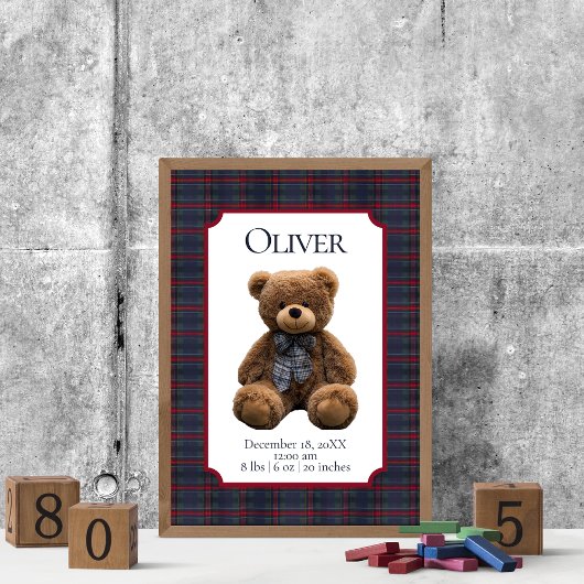 Polo Teddy Bear Tartan Plaid Baby Name Birth Stats Poster