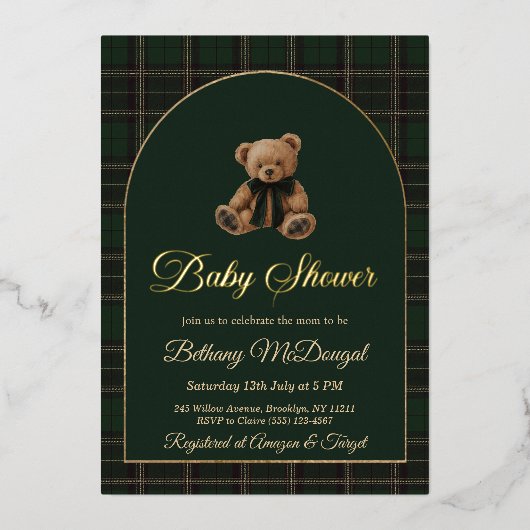Polo Teddy Bear Tartan Preppy Baby Shower Folie Uitnodiging (Voorkant)