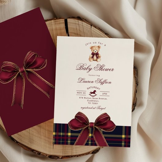 Polo Teddybeer Wijn Rode plaid Winter Baby shower Kaart