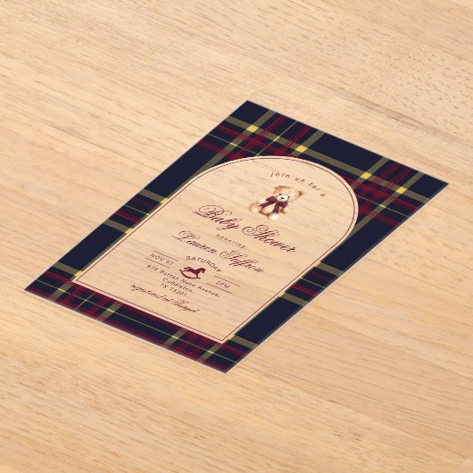 Polo Teddybeer Wine Red plaid Arch Baby shower Acryl Uitnodigingen (Laagn)