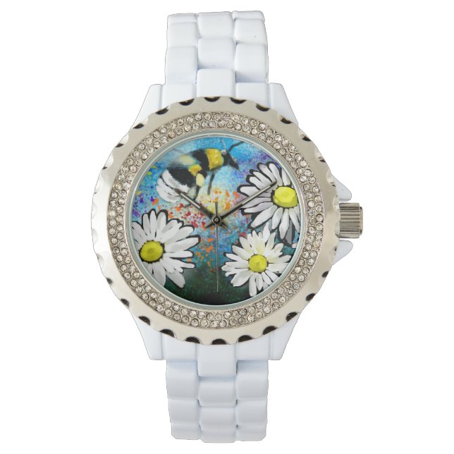 Polshorloge - Whimsical Bumble Bee & Daisies Horloge (Voorkant)