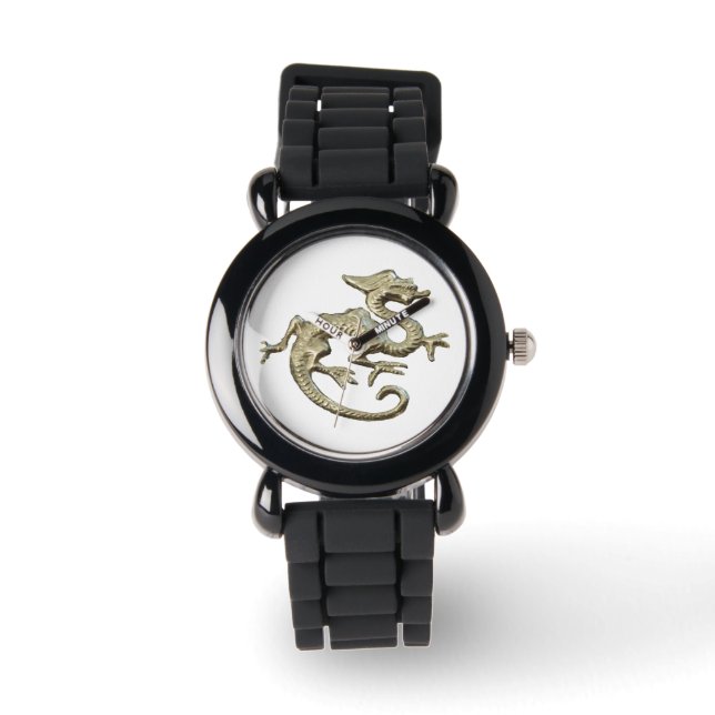 Polshorloge, zilveren glitter horloge draak (Voorkant)