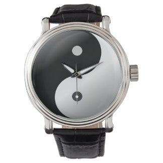 Polshorloge Zwart Leather yin yang. Horloge