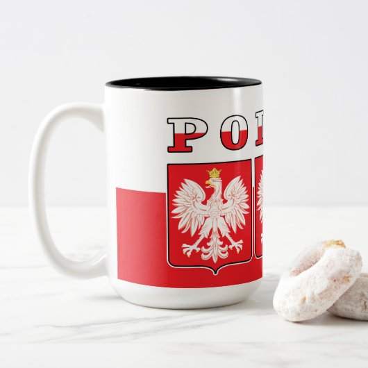Polska Eagle Flag Shields Tweekleurige Koffiemok (Met donut)