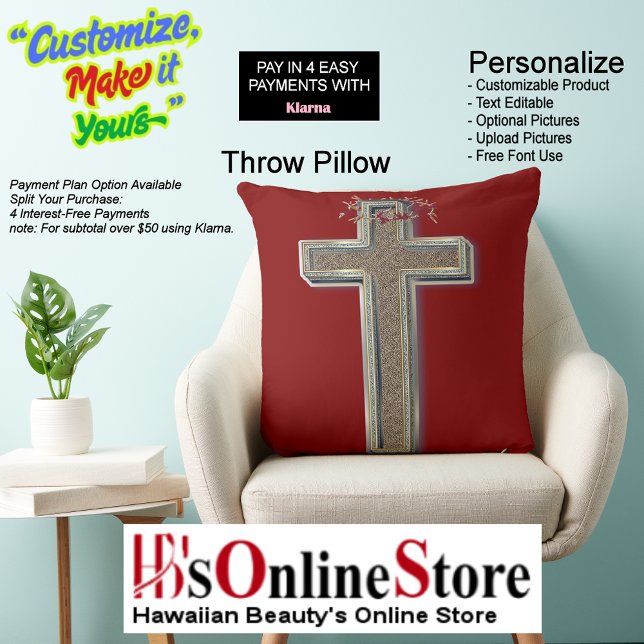 Polyester kussen rode achtergrond (Cross Square Polyester Large Pillow with Red Background.)