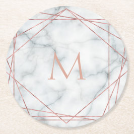 Polygonale roos gouden monogram op witte marmeren  ronde kartonnen onderzetter