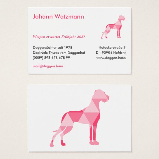 Polygoon Dog Great Dane Roze Visitekaartje (Voorkant /achterkant)