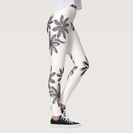 Polynesiaans Tattoo Floral Black White Line Art Leggings (Rechts)