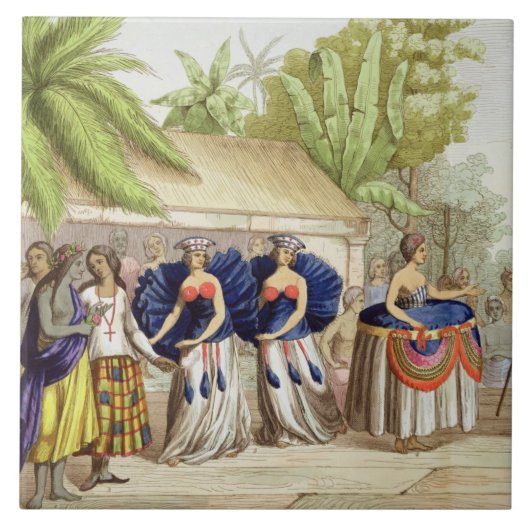 Polynesiaanse dansmeisjes, gegraveerd door A. Bern Tegeltje (Voorkant)