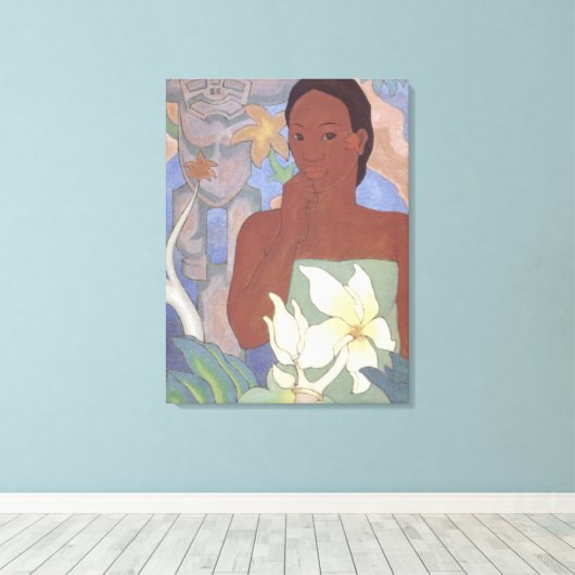 'Polynesiaanse vrouw en Tiki' - Arman Manookian Canvas Afdruk (Insitu (Houten vloer))