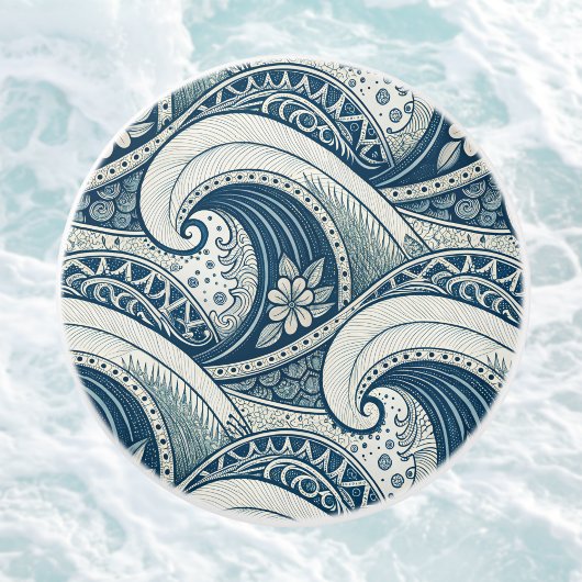 Polynesian Beach Waves and Flowers Ethnic Pattern Keramische Knop