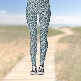 Polynesian Beach Waves and Flowers Ethnic Pattern Leggings