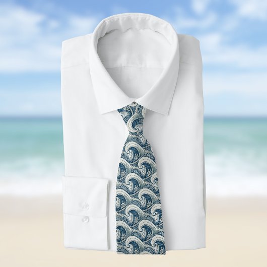 Polynesian Beach Waves and Flowers Ethnic Pattern Stropdas