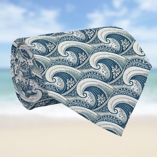 Polynesian Beach Waves and Flowers Ethnic Pattern Stropdas