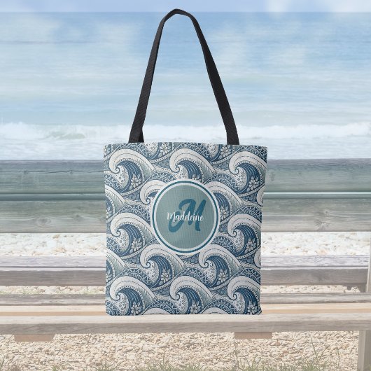 Polynesian Beach Waves and Flowers Ocean Pattern Tote Bag