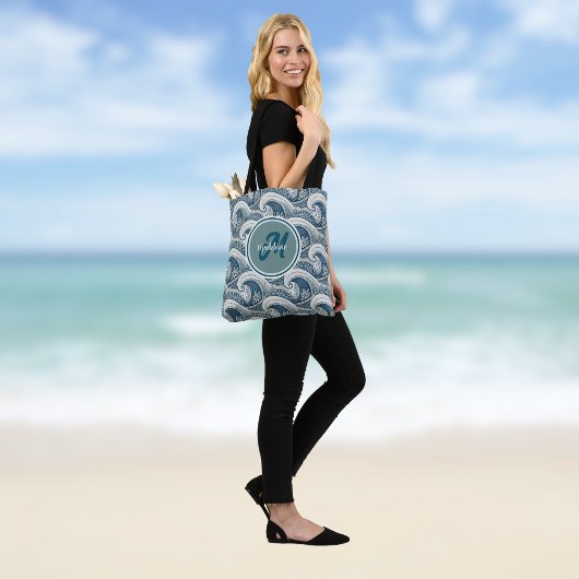 Polynesian Beach Waves and Flowers Ocean Pattern Tote Bag