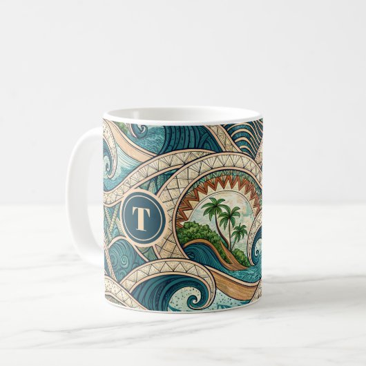 Polynesian Tropical Wave Palm Trees Pattern Name Koffiemok (Voorkant links)