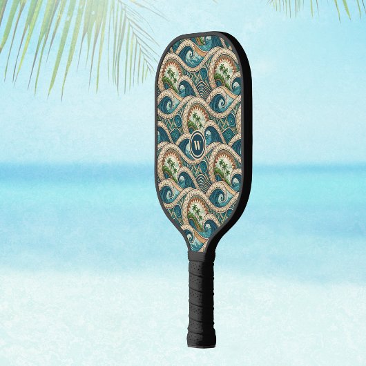 Polynesian Waves and Palm Trees Retro Monogram Pickleball Paddle