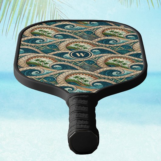 Polynesian Waves and Palm Trees Retro Monogram Pickleball Paddle