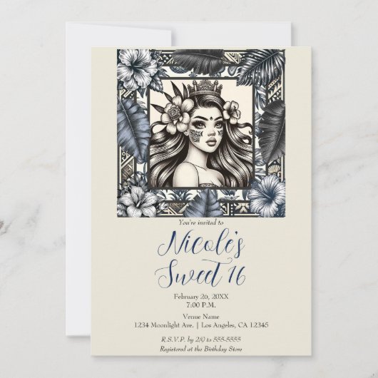 Polynesisch Prinses Blauw Bloemen Tribal Sweet 16 Kaart (Voorkant)