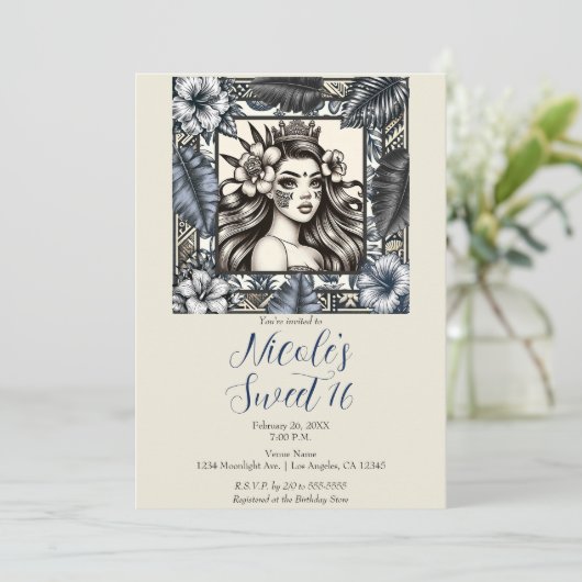 Polynesisch Prinses Blauw Bloemen Tribal Sweet 16 Kaart (Staand voorkant)