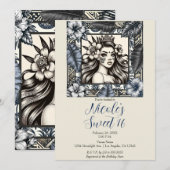 Polynesisch Prinses Blauw Bloemen Tribal Sweet 16 Kaart (Voorkant / Achterkant)