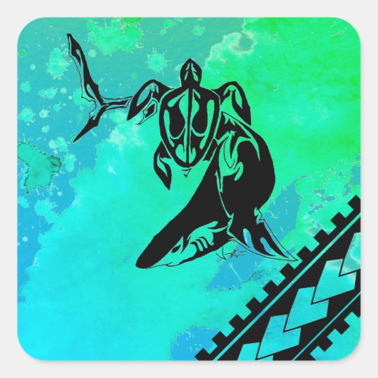 Polynesische geïnspireerde schildpad en haai vierkante sticker (Voorkant)