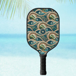 Polynesische golven en palmbomen Retro monogram Pickleball Paddle