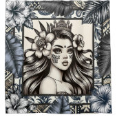 Polynesische Prinses Blauw Bloemen Tribal Douchegordijn (Voorkant)