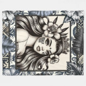 Polynesische Prinses Blauw Bloemen Tribal Fleece Deken (Voorkant (Horizontaal))