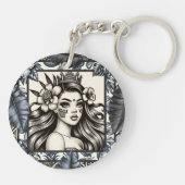 Polynesische Prinses Blauw Bloemen Tribal Sleutelhanger (Achterkant)