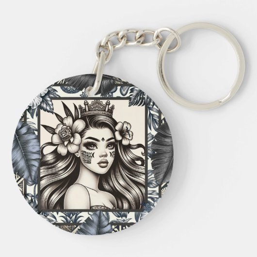 Polynesische Prinses Blauw Bloemen Tribal Sleutelhanger (Achterkant)