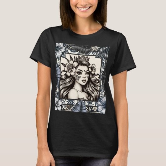 Polynesische Prinses Blauw Bloemen Tribal T-shirt (Voorkant)