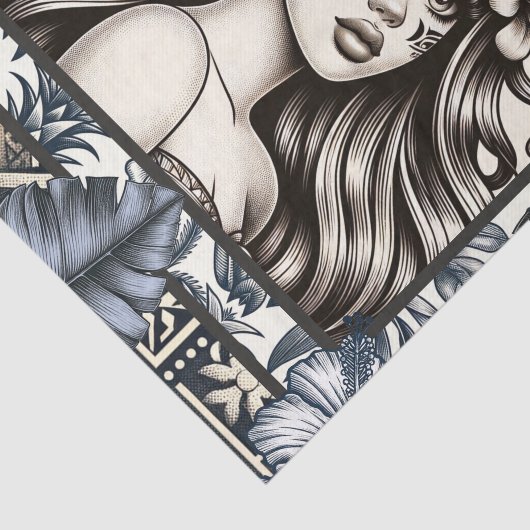 Polynesische Prinses Blauw Bloemen Tribal Tissuepapier (Detail)