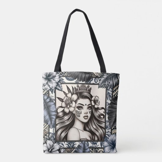 Polynesische Prinses Blauw Bloemen Tribal Tote Bag (Achterkant)