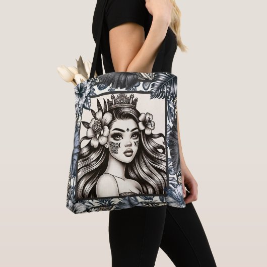 Polynesische Prinses Blauw Bloemen Tribal Tote Bag (Dichtbij)