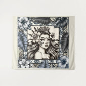 Polynesische Prinses Blauw Bloemen Tribal Wandkleed (Voorkant (horizontaal))