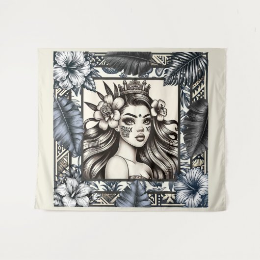 Polynesische Prinses Blauw Bloemen Tribal Wandkleed (Voorkant (horizontaal))