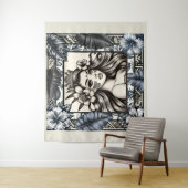 Polynesische Prinses Blauw Bloemen Tribal Wandkleed (In situ)