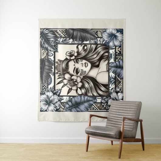 Polynesische Prinses Blauw Bloemen Tribal Wandkleed (In situ)