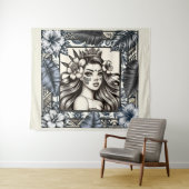 Polynesische Prinses Blauw Bloemen Tribal Wandkleed (In Situ (horizontaal))