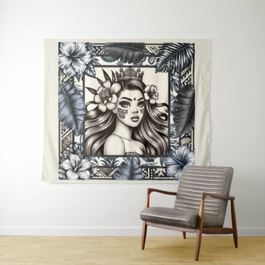Polynesische Prinses Blauw Bloemen Tribal Wandkleed (In Situ (horizontaal))