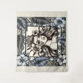 Polynesische Prinses Blauw Bloemen Tribal Wandkleed (Voorkant)