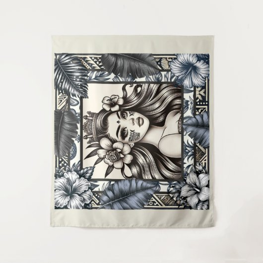 Polynesische Prinses Blauw Bloemen Tribal Wandkleed (Voorkant)