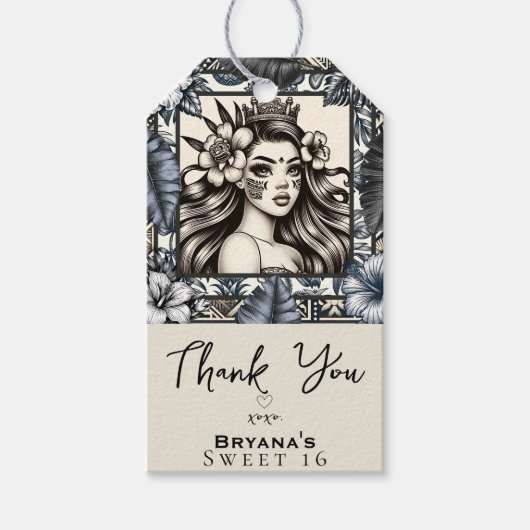 Polynesische prinses blauw bloemenstam verjaardag cadeaulabel (Voorkant)