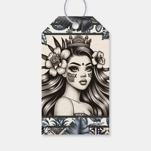 Polynesische prinses blauw bloemenstam verjaardag cadeaulabel (Achterkant)