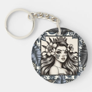 Polynesische Prinses Blauw Bloemmotief Stam-emblee Sleutelhanger